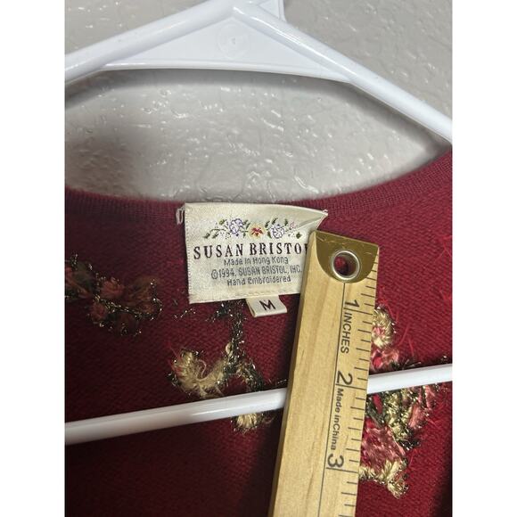 Susan Bristol Vintage 90s Red Wool Christmas Sweater Embroidered Beaded Medium - Picture 8 of 12